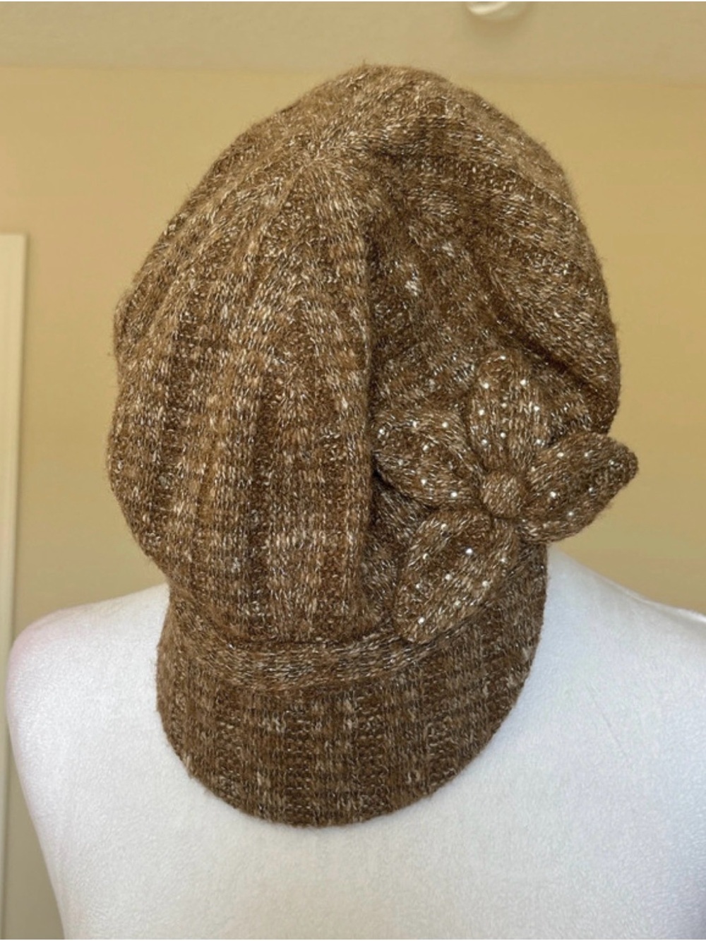 Cozy Brown Knit Women's Hat with Decorative Flower